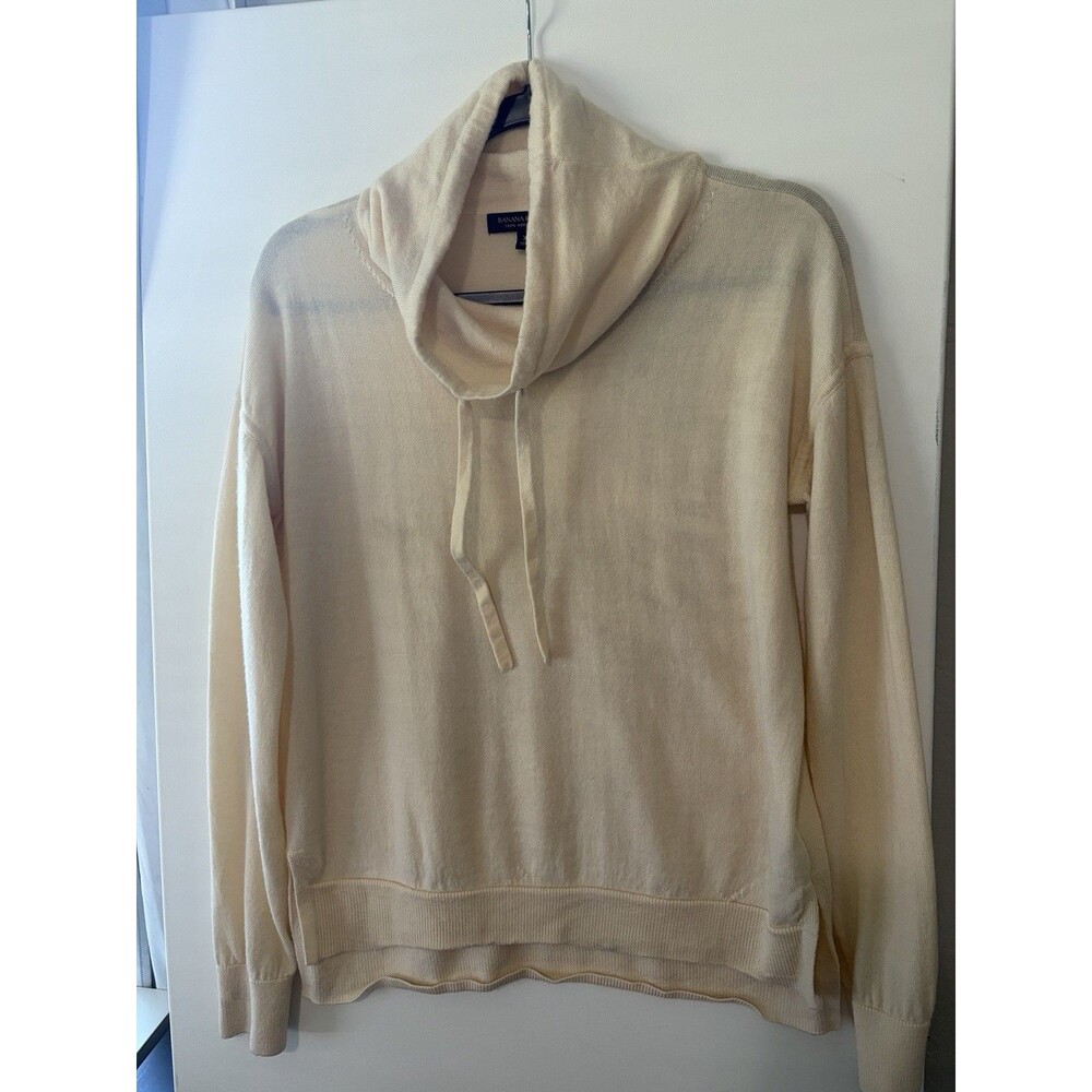 Banana Republic 100% Merino Wool Cowl Neck Sweater XS Ivory Drawstring FLAW